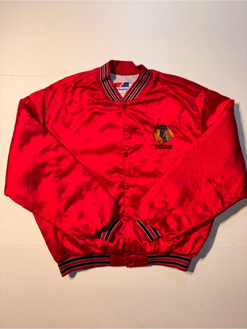 Vtg Swingster Chicago Blackhawks NHL Hockey 90’s USA Satin Bomber Jacket Sz XL